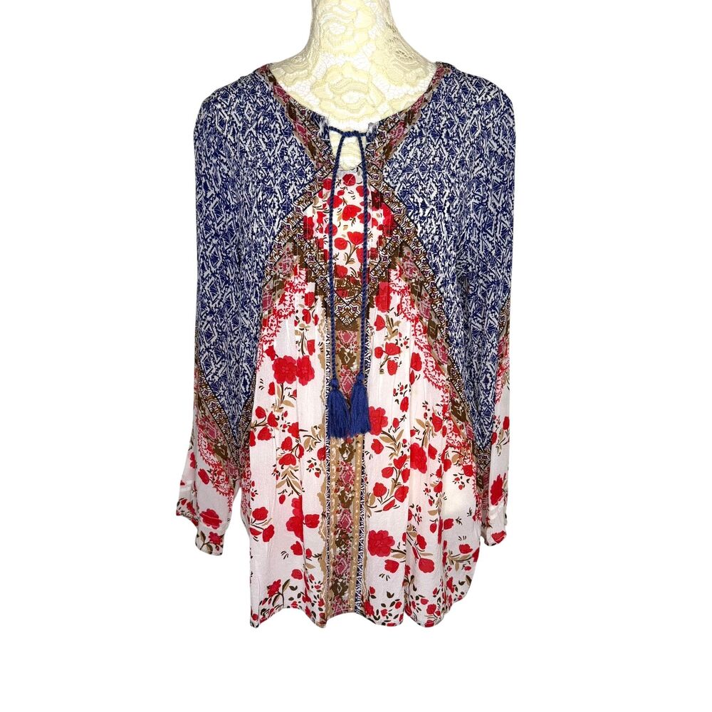 Coldwater Creek Cupro Blend Tunic Top Blouse Shirt Floral Geometric Blue Red S?